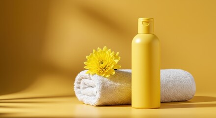 Yellow beauty product beside towel and flowers for spa and wellness setup