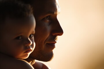 Father's tender embrace: A loving father, beaming with pride, cradles his baby, creating a tender moment of paternal warmth and affection. The scene glows, suggesting a connection.