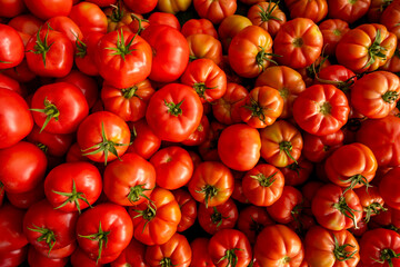 Organic red tomatoes for sale at farmers market. Fresh tomatoes displayed at local market stall. Heap of fresh tomatoes at outdoor vegetable market.