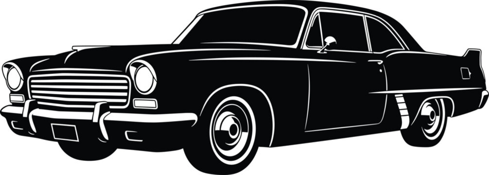 Black silhouette of a vintage American coupe car vintage car, vintage car, classic car, coupe, automobile, vehicle, black and white, silhouette, retro, 1950s car, 1950s automobile, 1950s vehicle, 1950