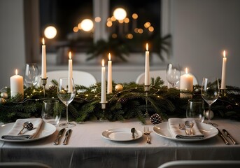 Minimal Christmas table setup with candles and pine branches