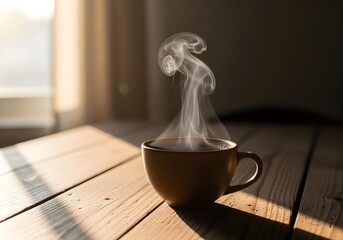 Steaming coffee cup on rustic wooden table