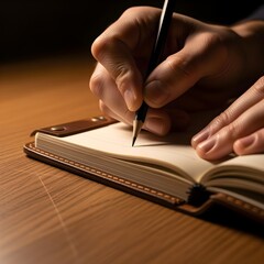 Hand writing in leather notebook on wooden desk