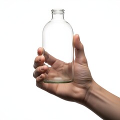 Hand holding clear glass bottle on white background