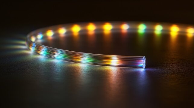 Curved cable macro featuring light dispersion with visible rainbow spectrum trails emphasizing fiber optic flexibility and light-guiding capabilities in detailed perspective