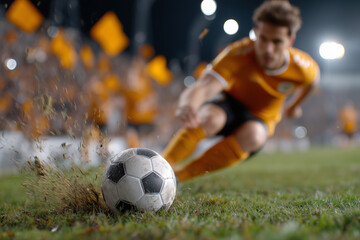 Obraz premium Dynamische Fußballszene im Stadion – Spieler schießt Ball mit voller Energie bei Nachtspiel