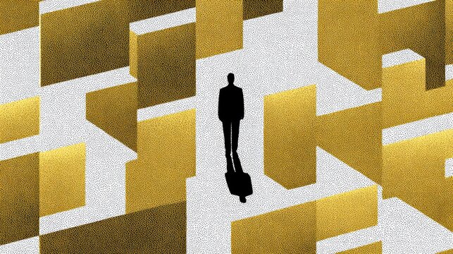 Abstract inner labyrinth illustration with minimalistic design and golden accents..