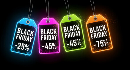 Four luminous tags, blue, pink, green, orange, hang against black backdrop. Featuring text indicating discount for significant retail event.