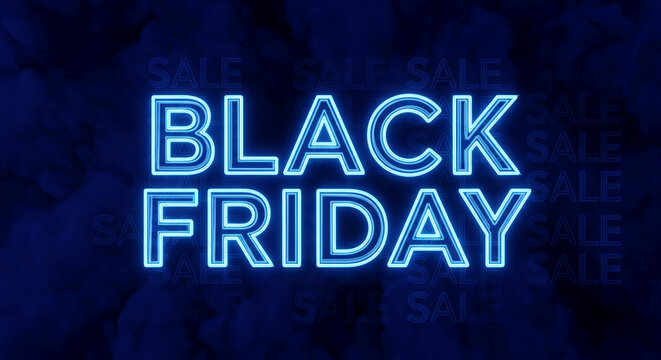 Electric blue letters spell out Black Friday against a dark background with sale repeated, showing promotion, announcement or special offer