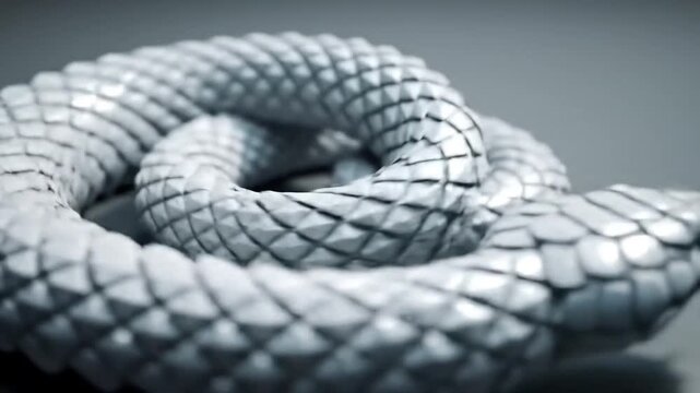 Abstract Geometric Snake Sculpture with Detailed Scale Texture on a Minimalist Grey Background