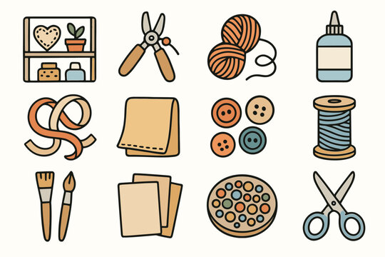 Beads tools paper brushes craft icon scissors vector ribbons buttons