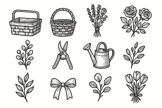 Sprig pruning icon leaf bow floral vector basket rustic icons bundle ribbon