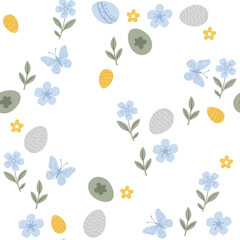 Seamless vector floral background pattern. A cute hand-drawn Easter pattern. Perfect for textiles, wallpaper, or nursery design.