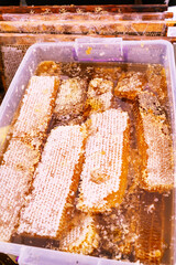 Texture of honeycombs close up. Yellow wax honeycombs with honey in plastic containers. Sale of homemade honey at the fair