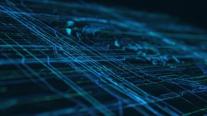 A close-up view of a circuit board with blue and green lines against a black background - Powered by Adobe
