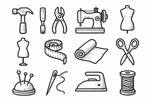 Handmade home icon measuring atelier spool machine tape vector icons scissors tools
