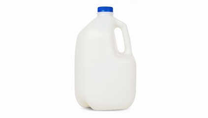 A white gallon jug filled with a dairy beverage, sealed with a blue cap, on a white background.