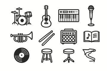 Obraz premium Vector icons book icon drumsticks trumpet guitar music acoustic vinyl room stool