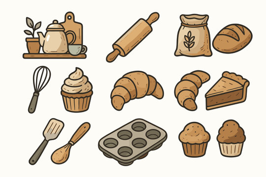Pie bakery collection bag croissant dough tin icon vector icons tools bread