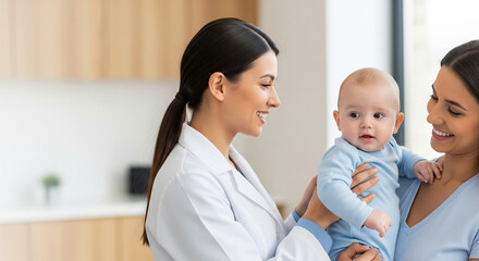 Caring female doctor talking to a mother who is holding her baby during a medical check-up, a perfect concept for family health consultation and advice