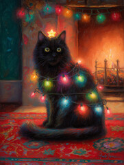 Oil painting of fluffy black cat wrapped in Christmas lights with star on head by fireplace