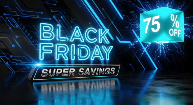 A digital image of a glowing Black Friday sale with neon blue text and a floating cube showing a 75% discount, presenting promotional offer and advertisement