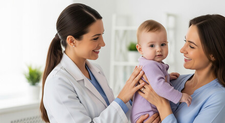 Caring pediatrician gently touching a baby's face while talking to the mother, a perfect concept for compassionate and gentle infant medical care