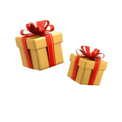 Gold gift boxes with red ribbon flying isolated on transparent Or white background