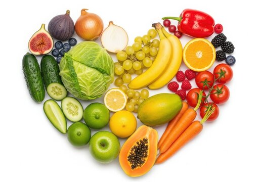 A vibrant heart shaped arrangement of fresh fruits and vegetables symbolizing healthy eating and a nutritious lifestyle