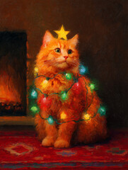 Oil painting of fluffy orange cat wrapped in Christmas lights with star on head by fireplace