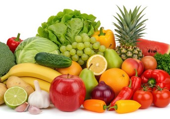 A vibrant and diverse assortment of fresh colorful fruits and vegetables arranged in a bountiful display against a clean white background