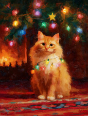 Oil painting of fluffy orange cat wrapped in Christmas lights with star on head by fireplace