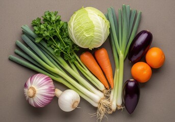 A vibrant assortment of fresh raw vegetables including leeks cabbage carrots garlic onions eggplants and tomatoes artfully arranged on a textured surface