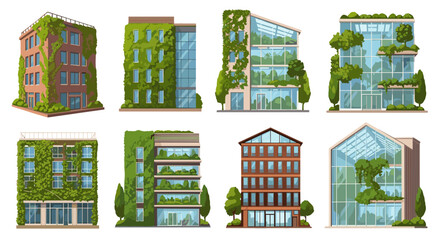 Modern eco-friendly buildings showcase sustainable architecture with lush green vertical gardens and innovative design