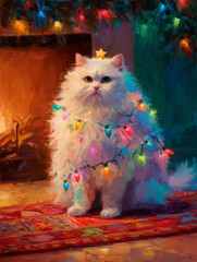 Oil painting of fluffy white cat wrapped in Christmas lights with star on head by fireplace