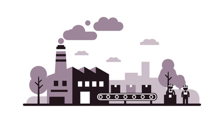 Obraz premium Industrial landscape illustration featuring a factory conveyor belt and workers processing goods