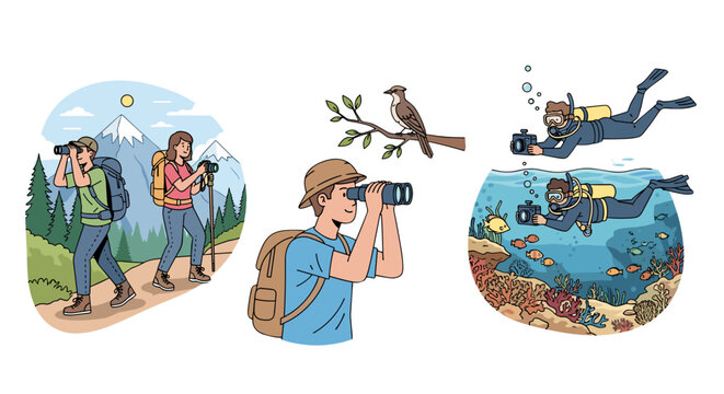 Explore nature's wonders with hikers, birdwatchers, and divers capturing stunning wildlife moments