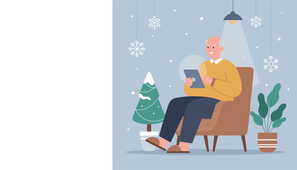 Senior man relaxing in an armchair using a tablet during the cozy winter holiday season