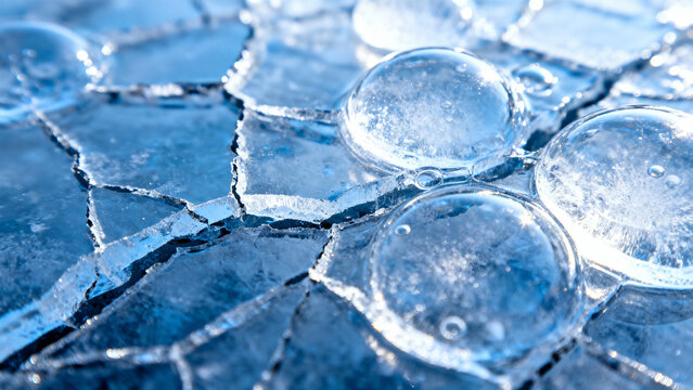 Explore a close-up of cracked ice adorned with clear bubbles, perfect for nature-themed projects or winter backgrounds.