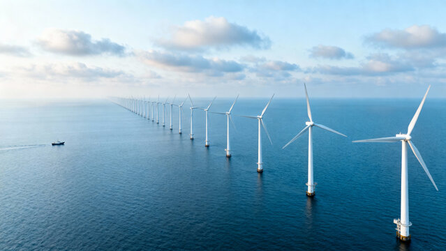 Aerial shot of offshore wind turbines in the ocean with a boat nearby, ideal for renewable energy projects or environmental articles.