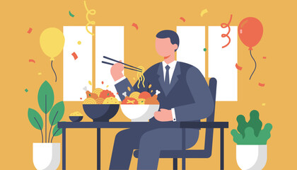 Businessman eats ramen with chopsticks at a festive party lunch Celebration vector illustration