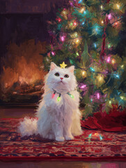 Oil painting of fluffy white cat wrapped in Christmas lights with star on head by fireplace