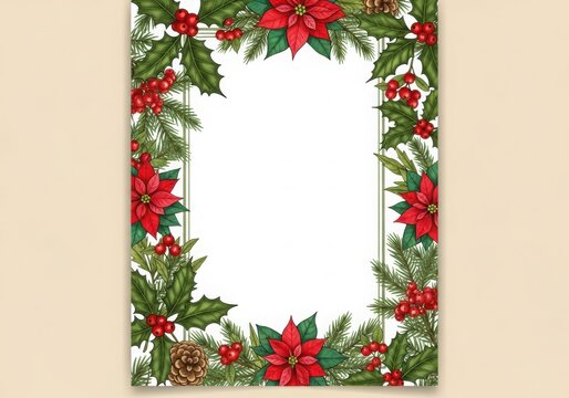 Festive christmas border design featuring vibrant red poinsettias lush green holly leaves and pine sprigs framing a blank white space for text or images