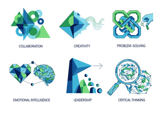 Dynamic abstract icons symbolize collaboration, creativity, problem solving, leadership, and critical thinking.