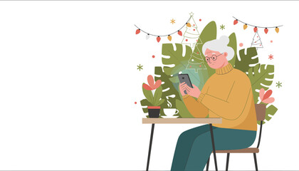 Happy senior woman uses phone for holiday cheer and connection in a festive setting Copy space illustration