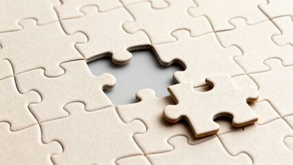 Close-up of a jigsaw puzzle missing one piece, highlighting the challenge of completion. Ideal for game-related content or educational materials.
