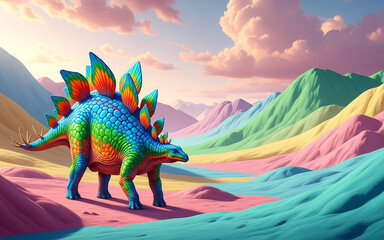 Colorful Dinosaur Fantasy: A whimsical scene unfolds as a vibrant, rainbow-hued dinosaur strides across a fantastical landscape of pastel mountains and a dreamy sky.