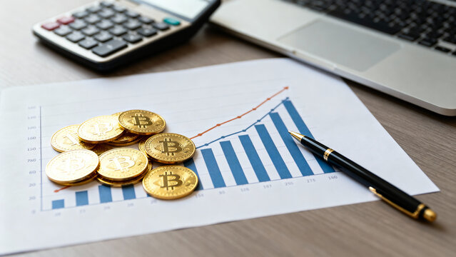 Close-up of Bitcoin coins on a financial report with a growth chart, ideal for investment analysis or finance-related content.