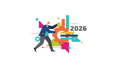 Businessman manages progress gear and charts for 2026 business strategy and future planning