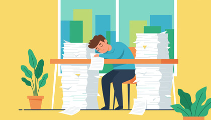 Exhausted employee sleeping on desk surrounded by massive paperwork piles Work overload and burnout concept